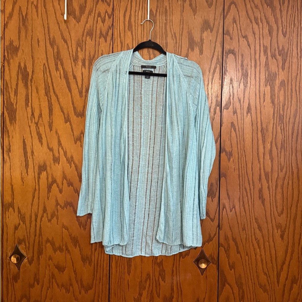 Tahari 100% Linen Open Cardigan 2X Aqua Lightweight Rib Knit Sweater